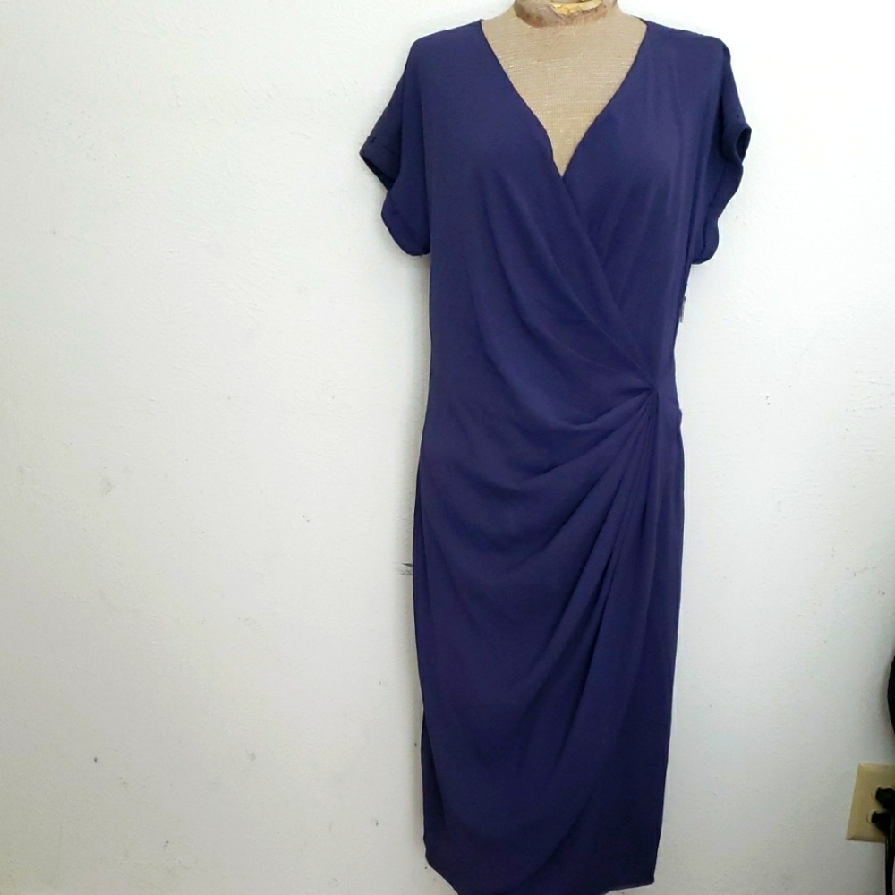 Brioni Silk Blend Blue Draped Wrap Midi Dress Sz 10